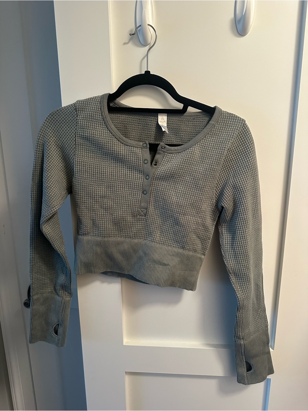 aerie Waffle Knit Henley Long Sleeve Crop Top - Gray